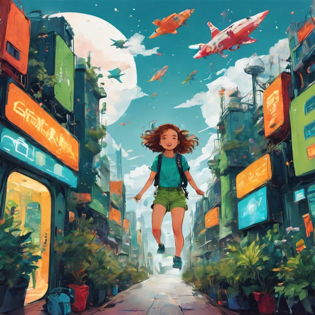 cute girl falling uncontrollably from sky towards ground , in a futuristic cargo sky city, large cargo space ships in the sky, vibrant colors, anime inspired, wide camera angle looking upwards,  planet earth in the background:space ships fill the sky:5:she have a happy expression:5,cyberpunk techwear outfit, sneakers ,backpack, large bow on her, strapped with gear:5:neon color grade:5:green and blue colors:[:orange:5:leg straps:10:green shorts and top :7:holograms in the background:5:green plants in the background:5:good legs:7:crop top:10