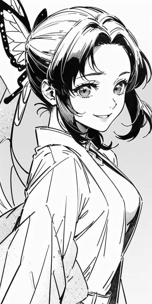 1girl, masterpiece, extremely detailed face, lineart, sketch art ,line anime, wide smile, short hair, black headband, demon slayer uniform, chest exposed, attractive female, upper body, bangs, messy hair,(demon slayer), big chest, wave, pose, arm raised, rough_sketch,kochou shinobu full body, side profile 