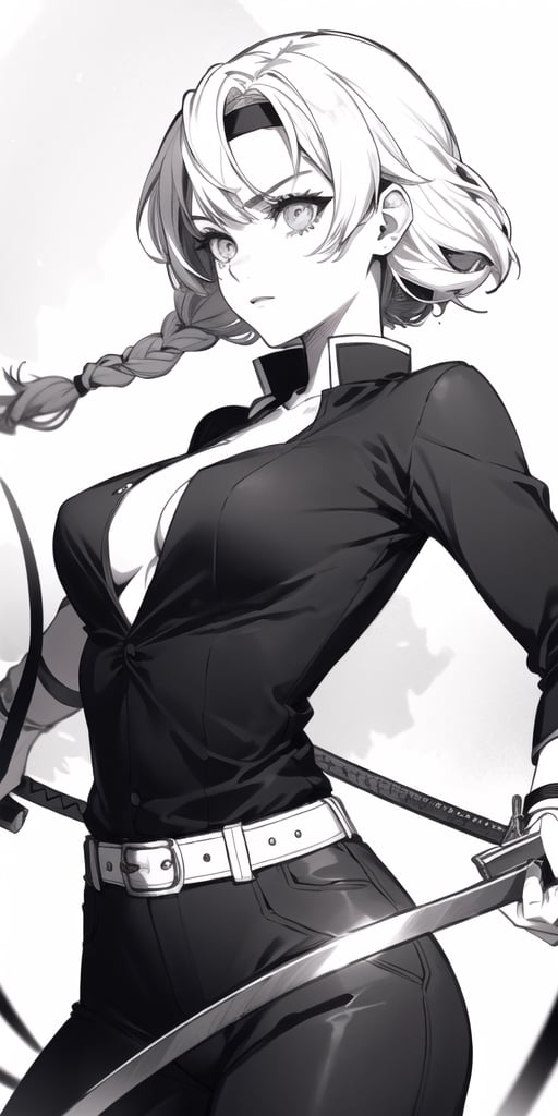 1girl, masterpiece, extremely detailed face, lineart, sketch art, standing still, front view ,line anime, serious, short hair, black headband, demon slayer uniform, chest exposed, attractive female, upper body, bangs, messy hair,(demon slayer), big chest, holding katana, pose, arm raised, rough_sketch