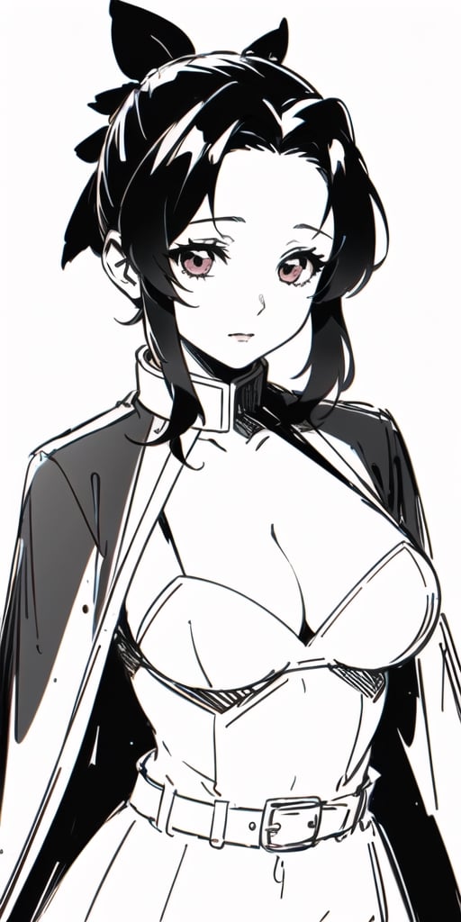 1girl, masterpiece, extremely detailed face, lineart, sketch art, standing still, front view ,line anime, short hair, black headband, demon slayer uniform, chest exposed, attractive female, upper body, bangs, messy hair,(demon slayer), big chest, rough sketch, blush, embarassed, 
