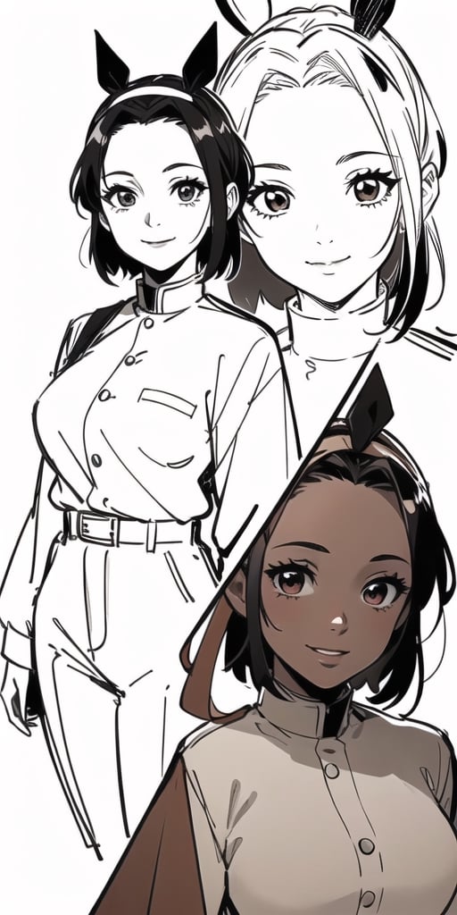 1girl, masterpiece, extremely detailed face, lineart, sketch art, standing still, front view ,line anime, smiling, short hair, black headband, demon slayer uniform, chest exposed, attractive female, brown skin
