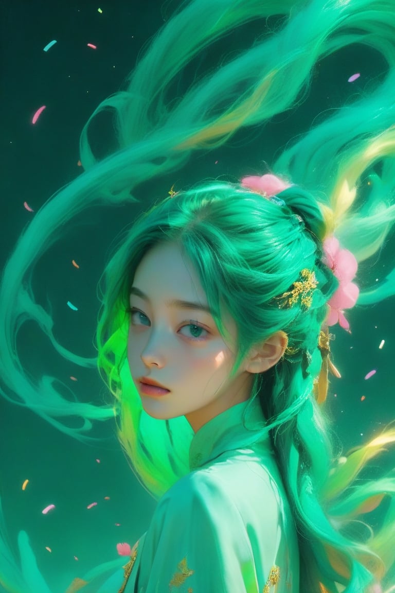 (realistic:1.1),oil color,ghibli ,(childen boy ),,lip, magicpunk,sprinkles, deep green gradient background, Teal hair,Long hair, Enigmatic ,actor ,Jessica Rossier,, (masterpiece,best quality,niji style),huayu