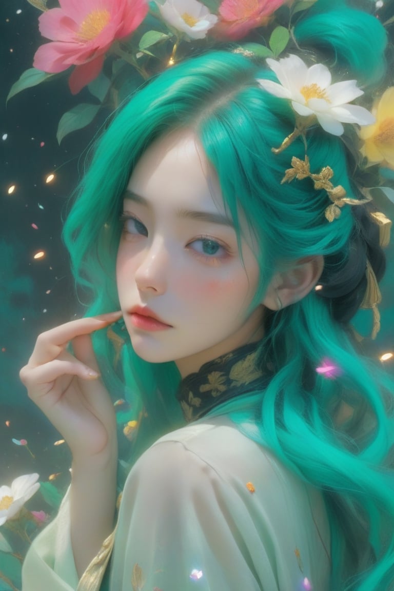 (realistic:1.1),oil color,ghibli ,(childen girl),,lip, magicpunk,sprinkles,  Teal hair,Long hair, Enigmatic ,actor ,Jessica Rossier,, (masterpiece,best quality,niji style),huayu,xxmix_girl,flower