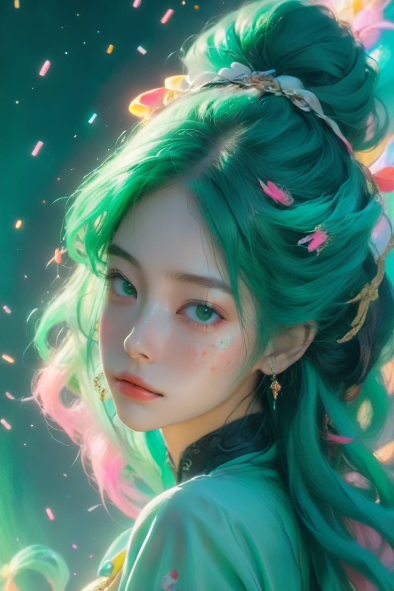 (realistic:1.1),oil color,ghibli ,(childen girl),,lip, magicpunk,sprinkles, deep green gradient background, Teal hair,Long hair, Enigmatic ,actor ,Jessica Rossier,, (masterpiece,best quality,niji style),huayu