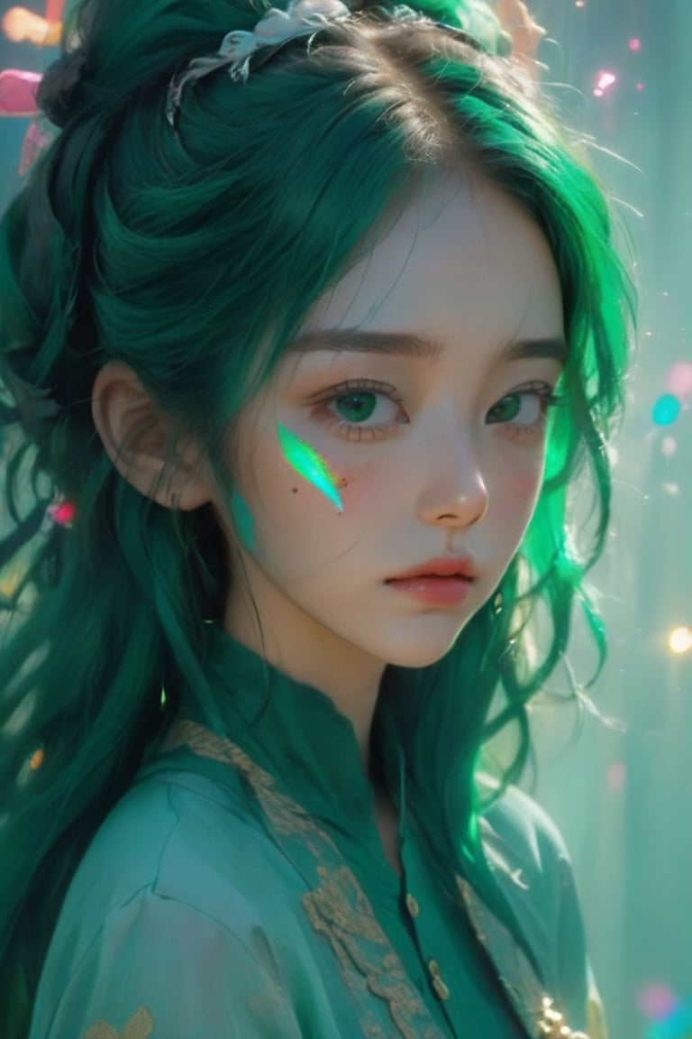 (realistic:1.1),oil color,ghibli ,(childen girl),,lip, magicpunk,sprinkles, deep green gradient background, Teal hair,Long hair, Enigmatic ,actor ,Jessica Rossier,, (masterpiece,best quality,niji style),huayu,xxmix_girl