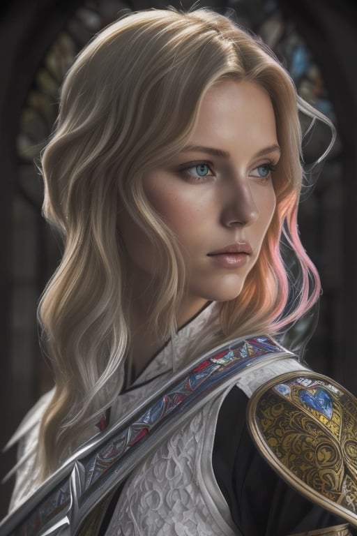 Stained Glass Portrait - blonde wavy haired lady knight tall and striking appearance strong jawline holding sword stained glass
