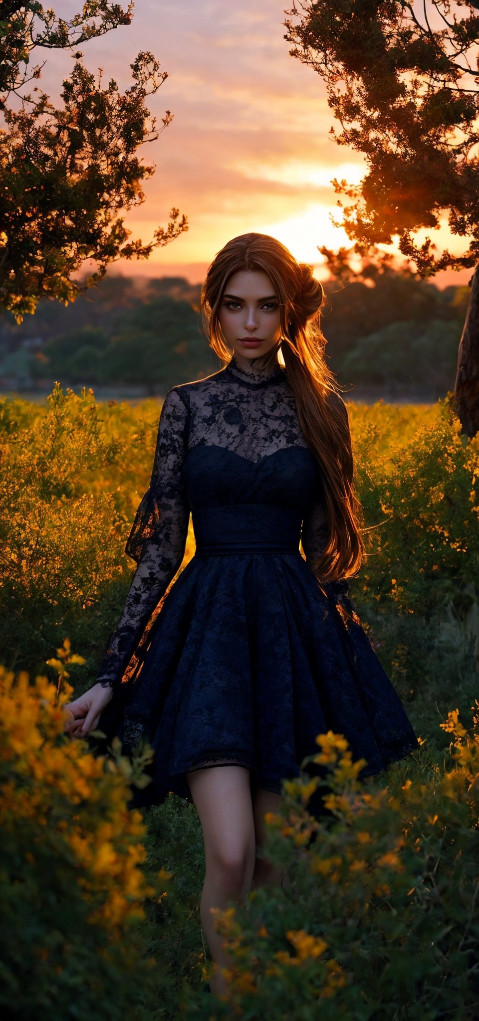 masterpiece, best quality, (photorealistic:1.3), HDR, a young girl walking, she wears a gown of sheer burgundy silk and lace symbolizes love. (depth of field, sunset:1.2), sexy, perfect female form,