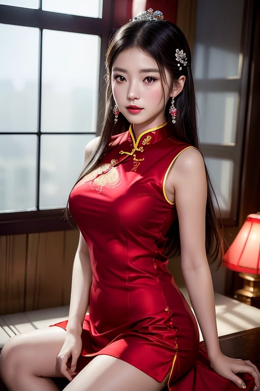 masterpiece, best quality, best photography, 1girl, big brests, red chinese traditional short dress, white long hair, jewelry, hairpins, fantasy_princess, asian girl, short skirt, look at camera