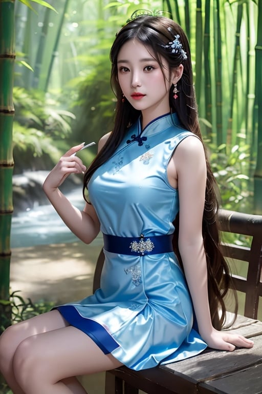 masterpiece, best quality, best photography, 1girl, big brests, blue chinese traditional short dress, white long hair, jewelry, hairpins, fantasy_princess, asian girl, short skirt, look at camera, bamboo forest background