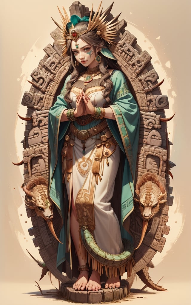 (masterpiece, top quality, best quality, highres) professional artwork. The virgin of Guadalupe as the aztec goddess Cihuacoatl. 1 aztec girl with her face painted half in red and half in black, on her head she wears a crown of feathers, dressed in a red blouse and a white skirt with micrurus snakes, snakes crawling at her feet, aztec jewelry, aztec motifs, standing over, own hands together, claws, sharp fingernails, green robe with a printing of stars, praying, fine art parody, tentacles, cartoon, 3d cartoon, hhmge, 3d style ,disney pixar, leonardo,fantasy, 3d toon style,gilr,woman,ancient aztec clothes,nodf_lora,bifang,horror (theme)