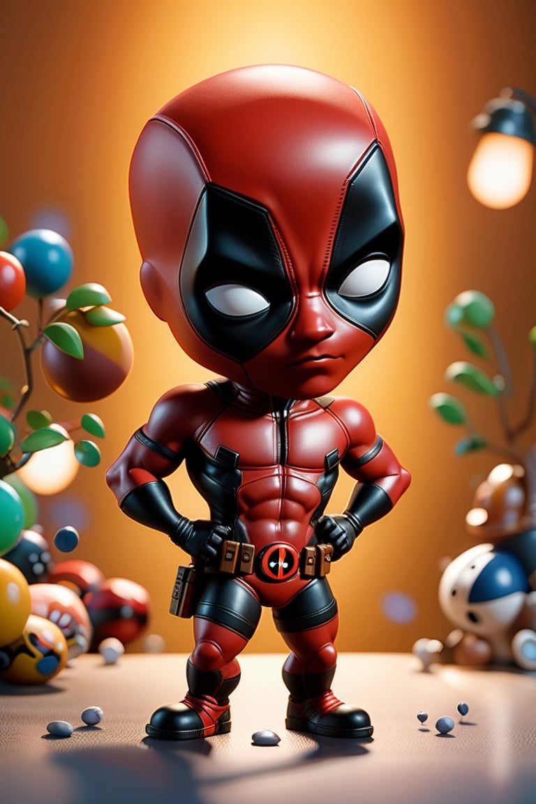 caricature of dead pool, big head, small body, chibi version, octane render, ray tracting, clay material, popmart blind box, Pixar trend, animation lighting, depth of field, ultra detailed 