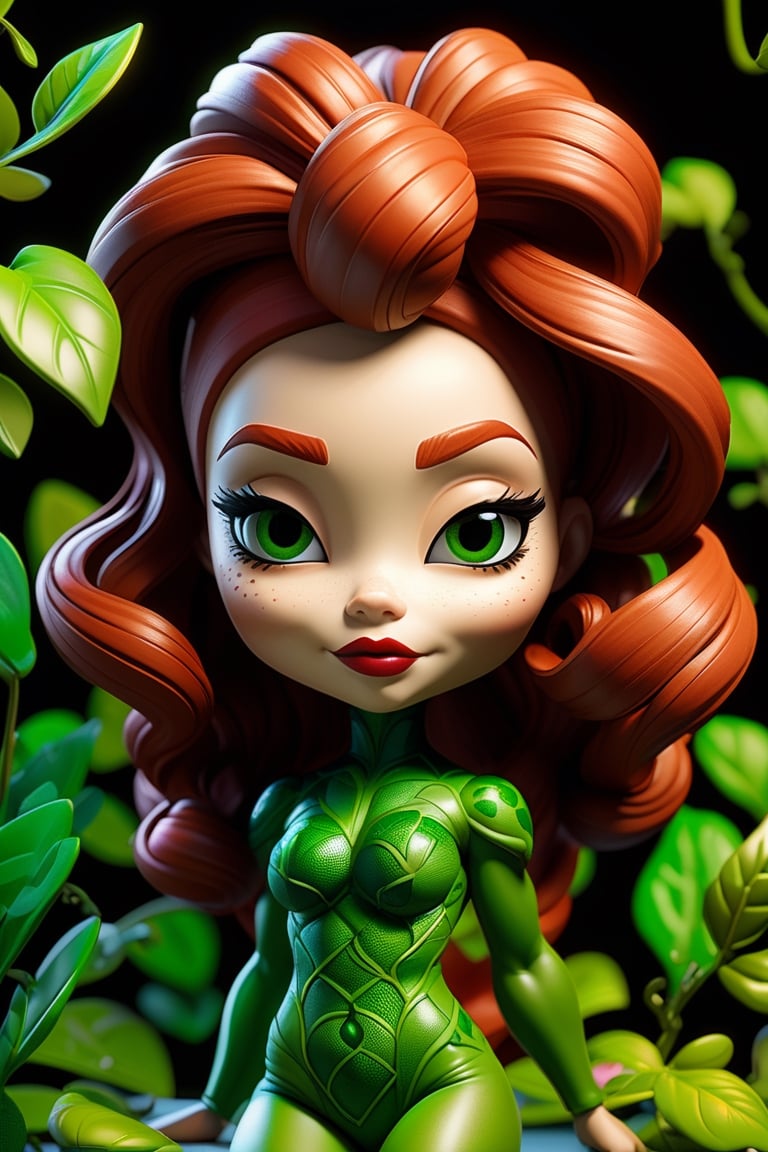 caricature of Poison Ivy, big head, small body, chibi version, octane render, ray tracting, clay material, popmart blind box, Pixar trend, animation lighting, depth of field, ultra detailed 