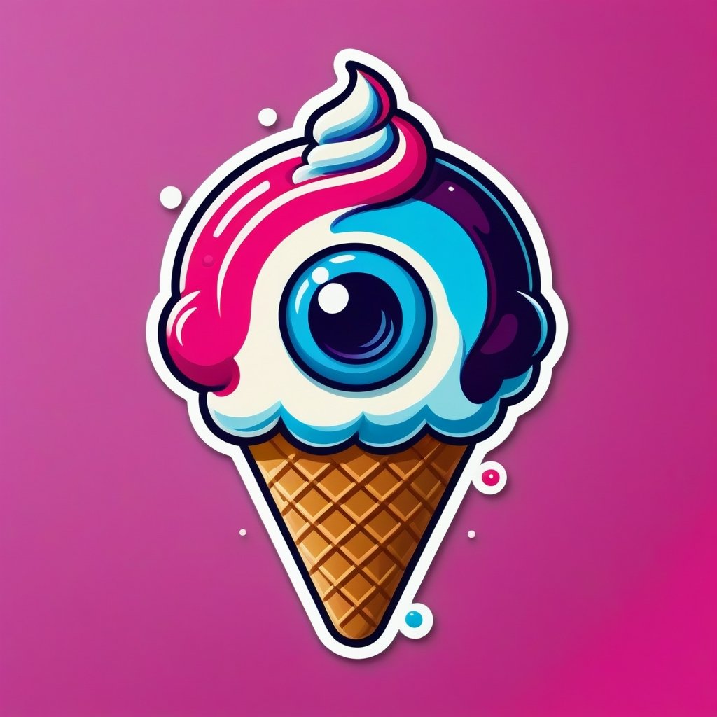 The logo features a combination of symbolic elements that represent fun. stylized ice cream with eyeball inside, Stylized logo showcases a simplified and iconic representation of a sticker company.