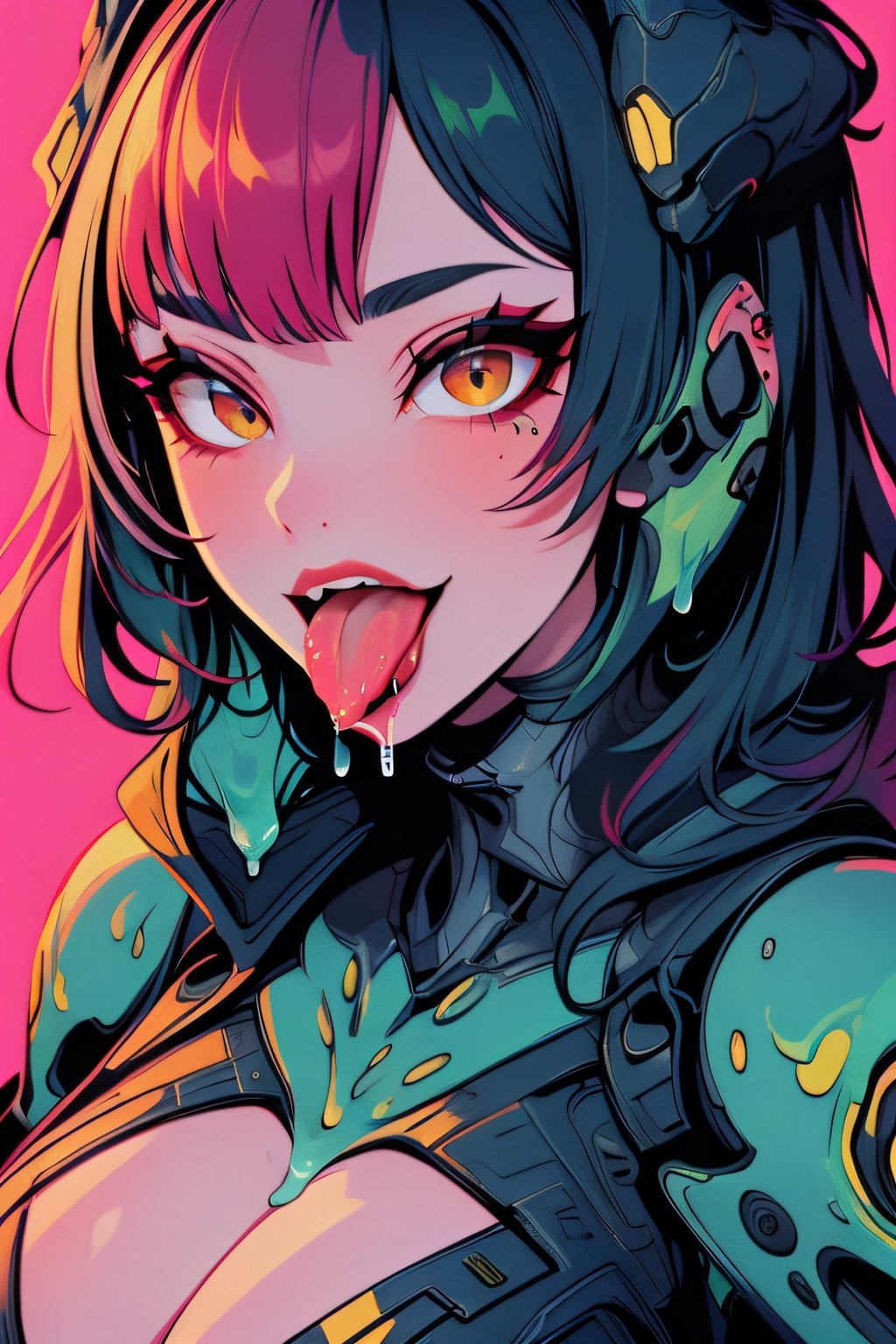 masterpiece, best quality, artwork), (extremely detailed 8K picture detailed close up of a happy girl showing her long thounge, dripping, warframe, alien sexy godess ,More Detail,Mecha body,,ahegao,tongue out,ruanyi0179,InoXrd