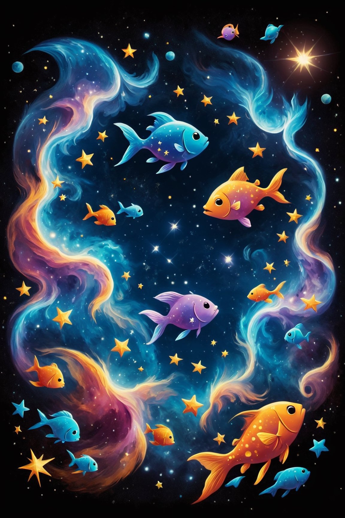 masterpiece, best quality, extremely detailed 8K, constalation nebula sky, negative space in the middle ((symbolism pisces sign zodiac)) (2 cute fish) stars, space, cynematic, black background, kids illustration