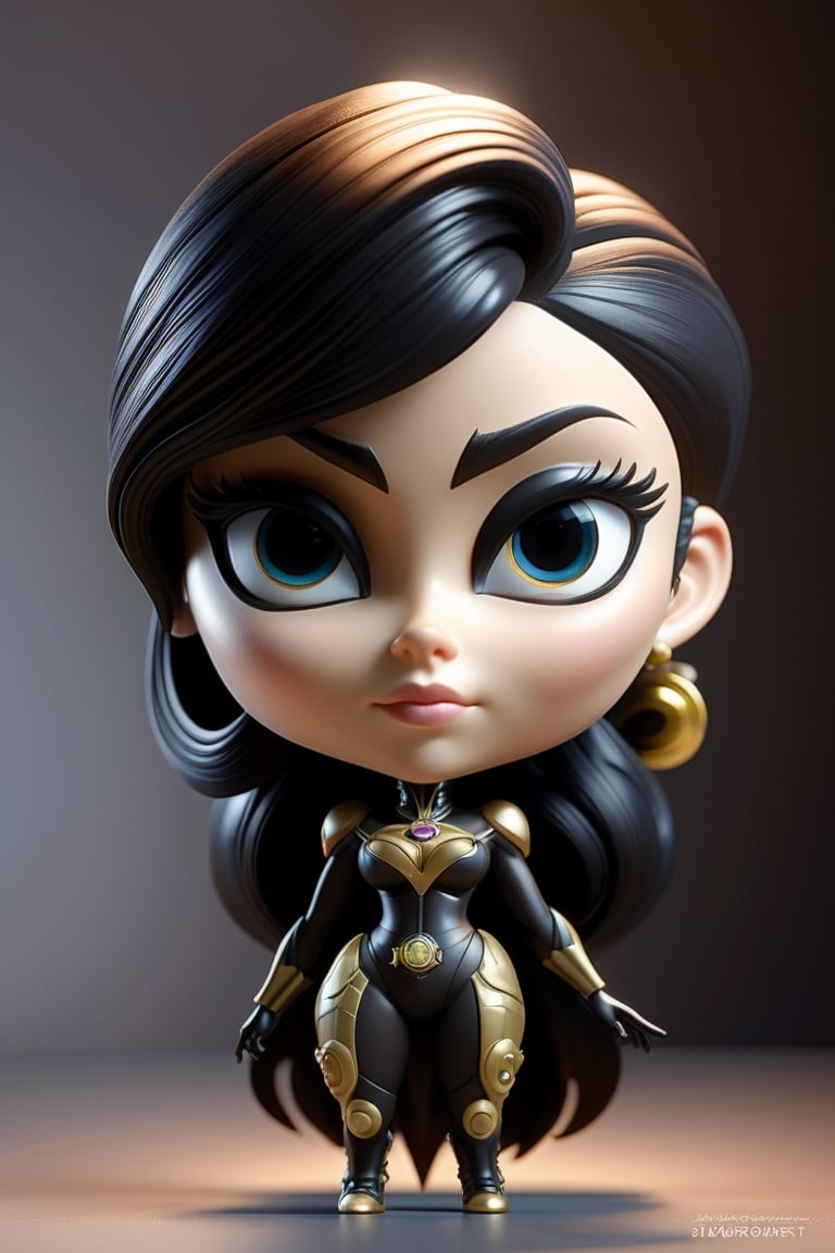 caricature of bayonetta, big head, small body, chibi version, octane render, ray tracting, clay material, popmart blind box, Pixar trend, animation lighting, depth of field, ultra detailed 