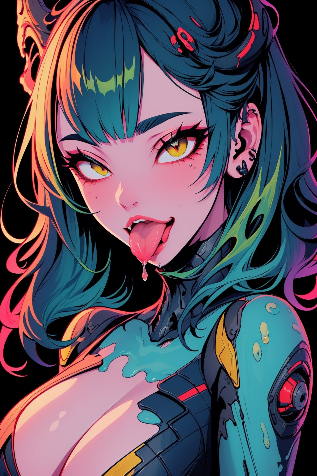 masterpiece, best quality, artwork), (extremely detailed 8K picture detailed close up of a happy girl showing her long thounge, dripping, warframe, alien sexy godess ,More Detail,Mecha body,,ahegao,tongue out,ruanyi0179,InoXrd