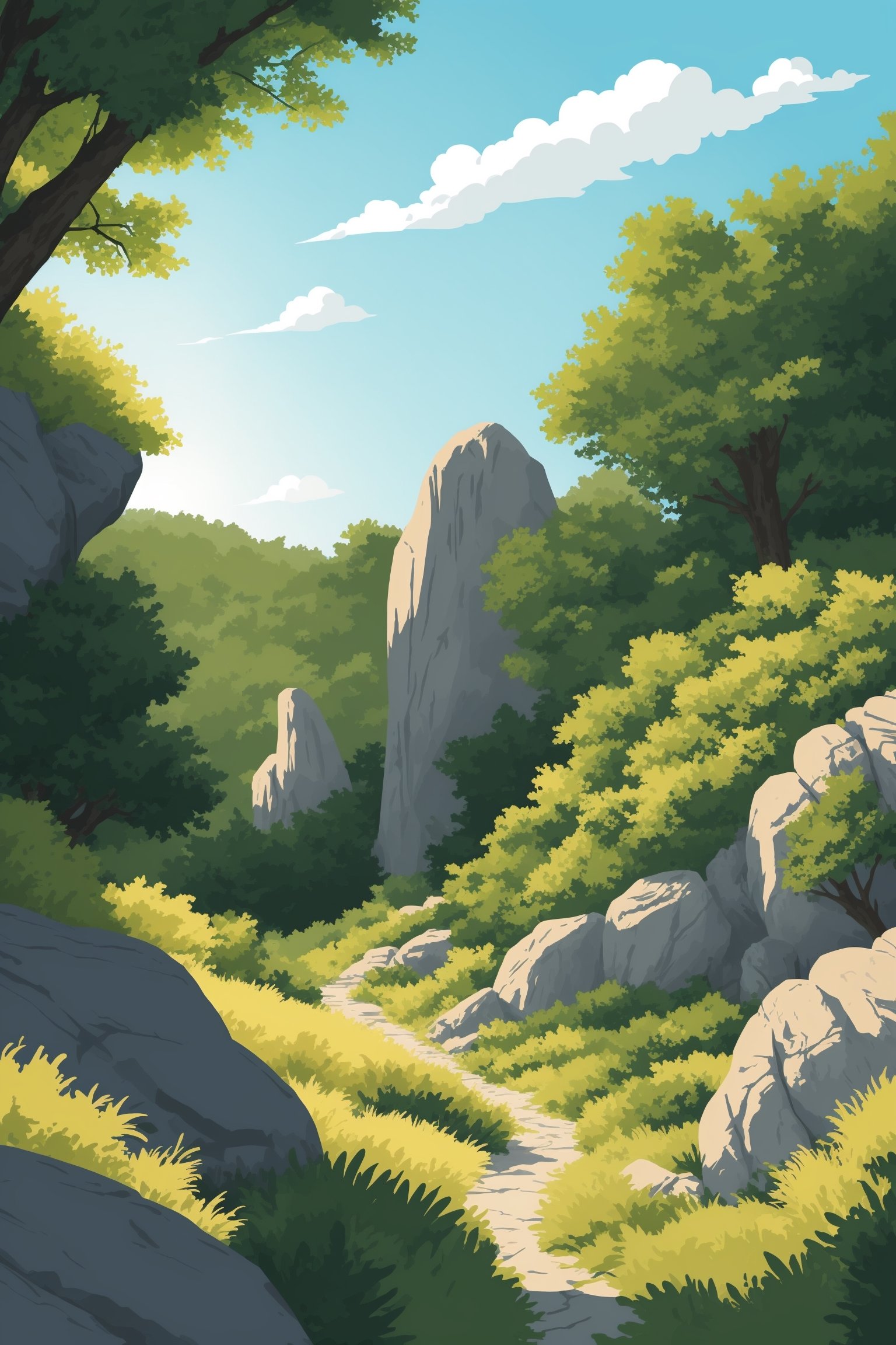 daytime desrt habitat with  plants, rocks,  sky,  trees,  colorful,  vector art,