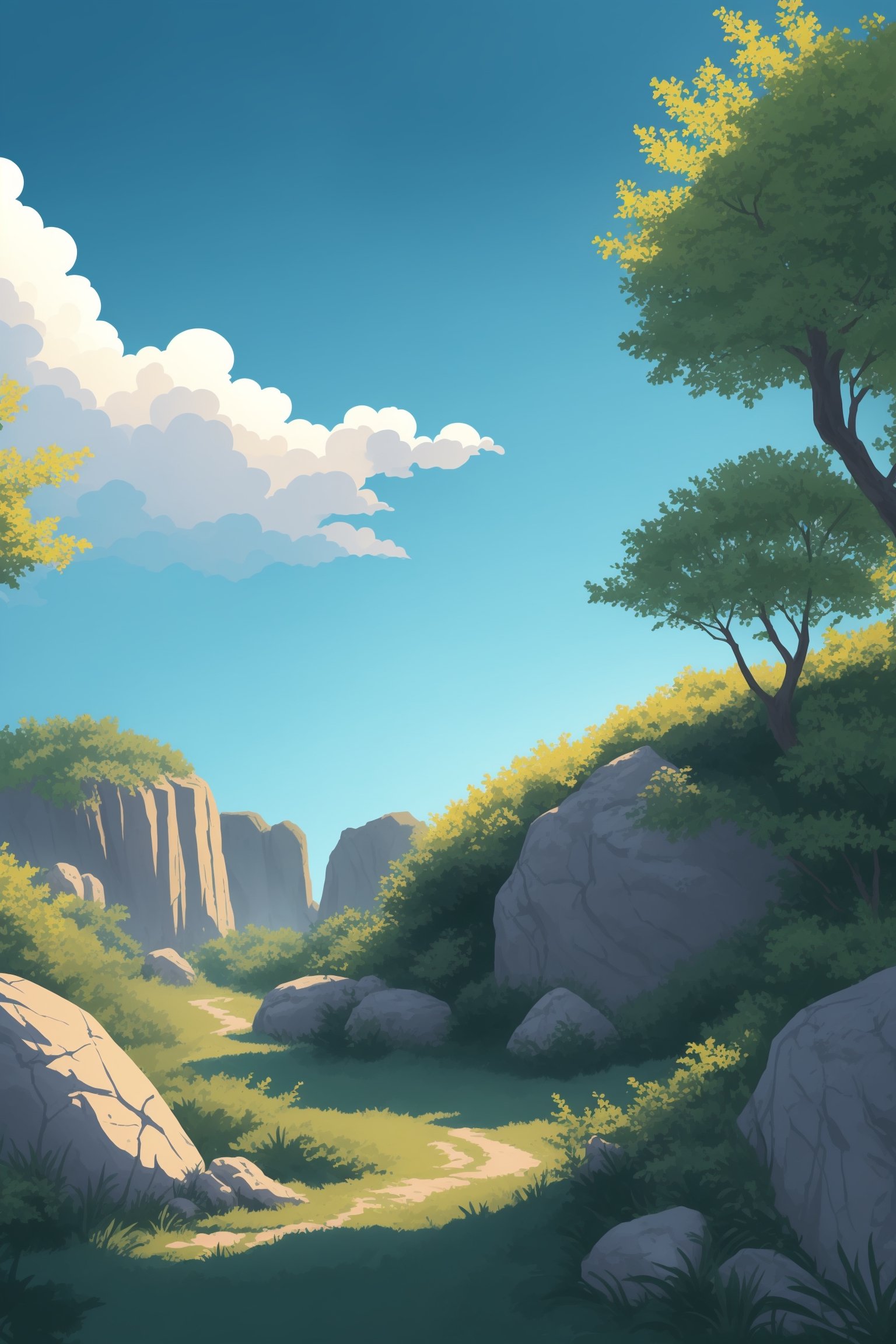 daytime desrt habitat with  plants, rocks,  sky,  trees,  colorful,  vector art, paralax