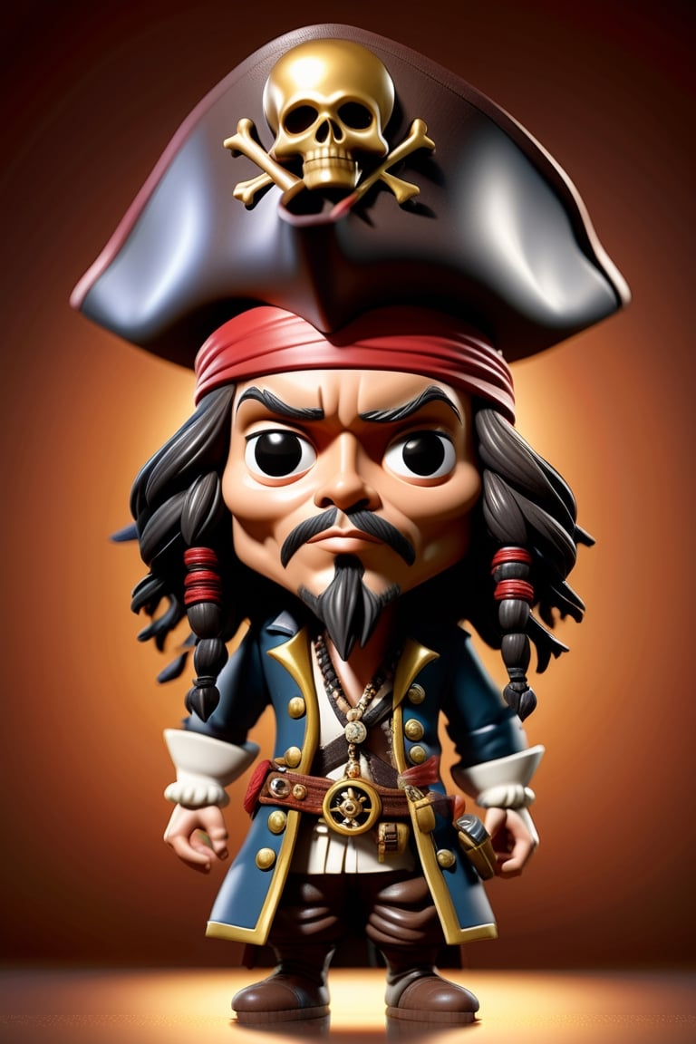 caricature of jack sparrow, big head, small body, chibi version, octane render, ray tracting, clay material, popmart blind box, Pixar trend, animation lighting, depth of field, ultra detailed 