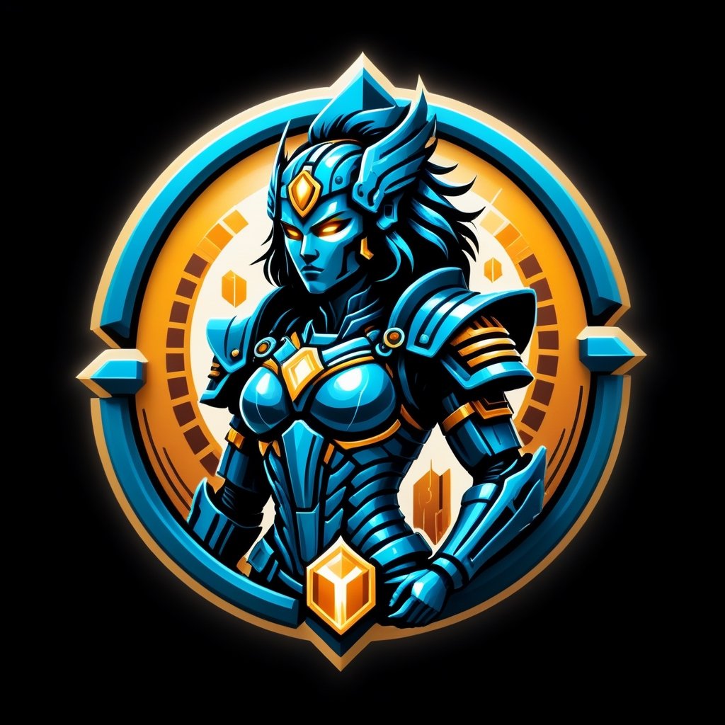 The logo features a combination of symbolic elements that represent bioengineering. stylized computer chips, biomechanical  weapon, and a person silhouette to convey the essence of surviving, Stylized logo showcases a simplified and iconic representation of a warrior.