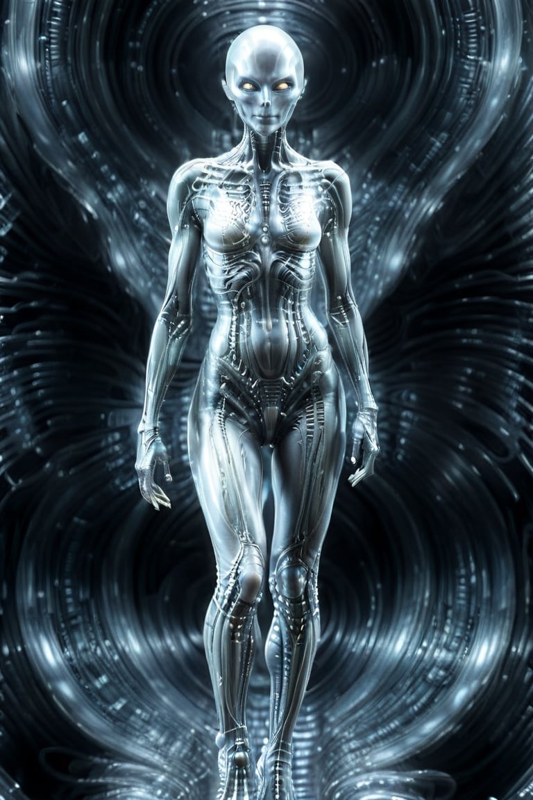 Hyper Detailed, Full Body Photo of a woman:alien, looking at the camera, filled  with satisfaction, Alien spaceship background, Bioluminescent light, in the style of HR Giger and Alex Gray
