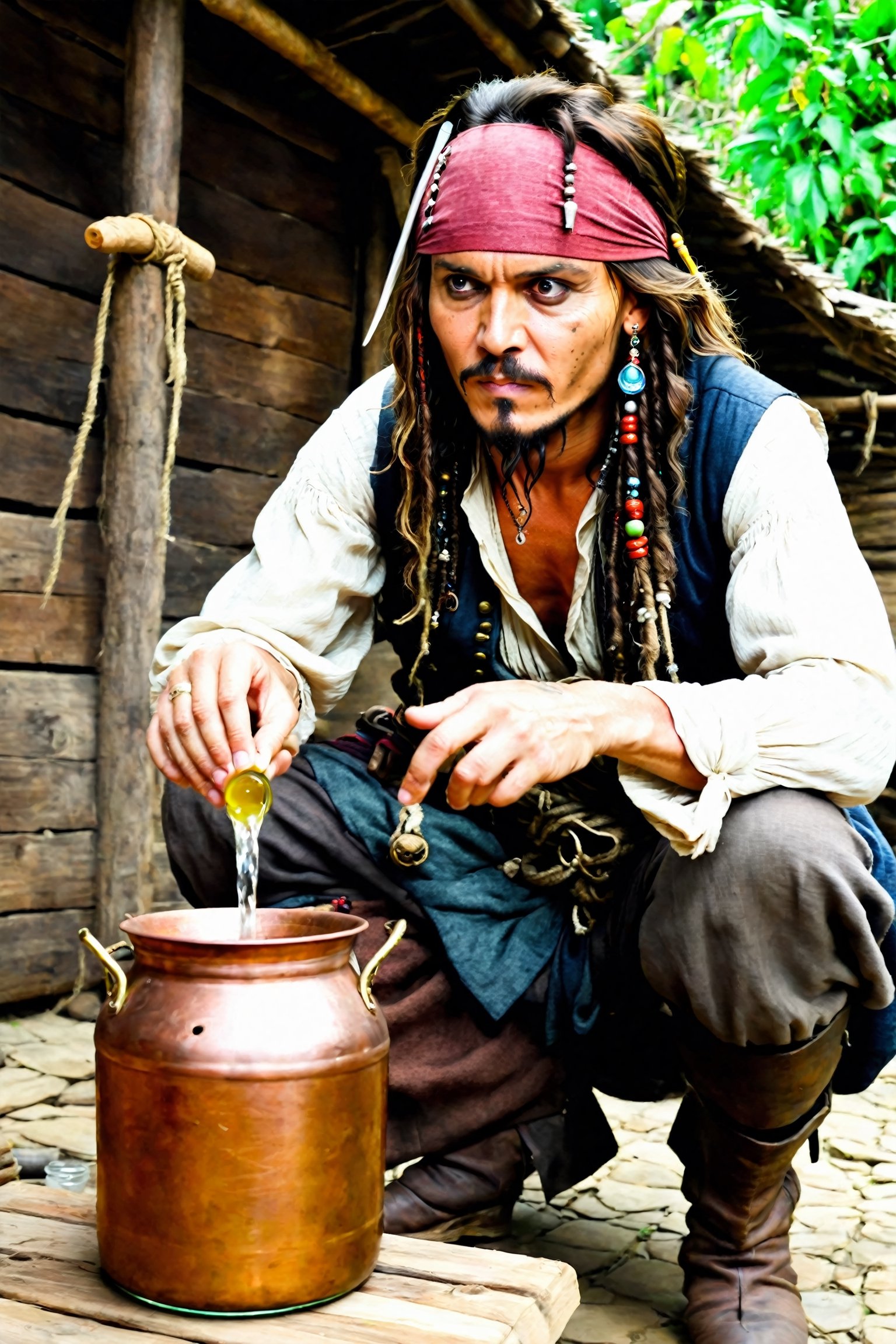 Detailed photo of Jack Sparrow using homemade moonshine machie  distillation of rakija ,more detail 