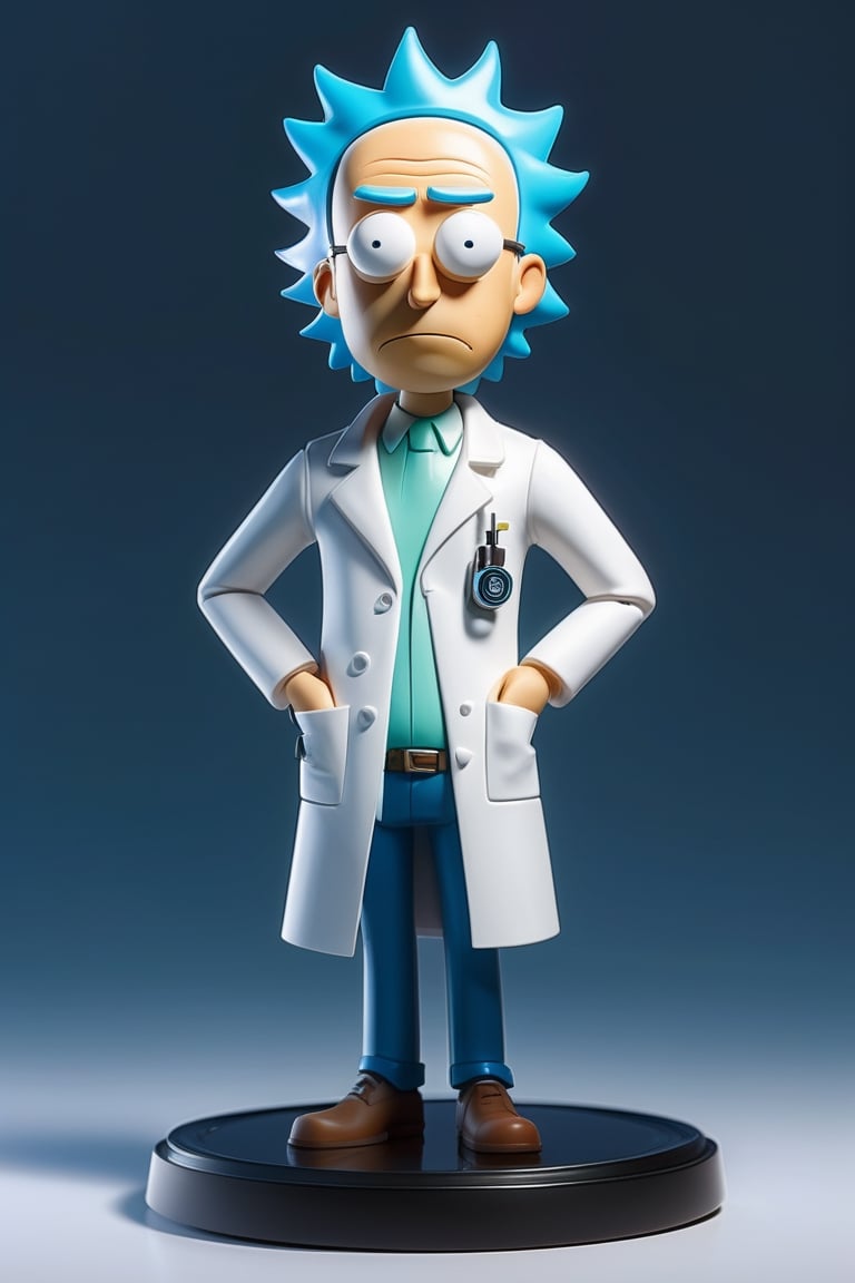 caricature Rick from Rick and Morty (white lab coat) (blue hair)(white eyes) drunken, big head, small body, chibi version, octane render, ray tracting, clay material, popmart blind box, Pixar trend, animation lighting, depth of field, ultra detailed 
