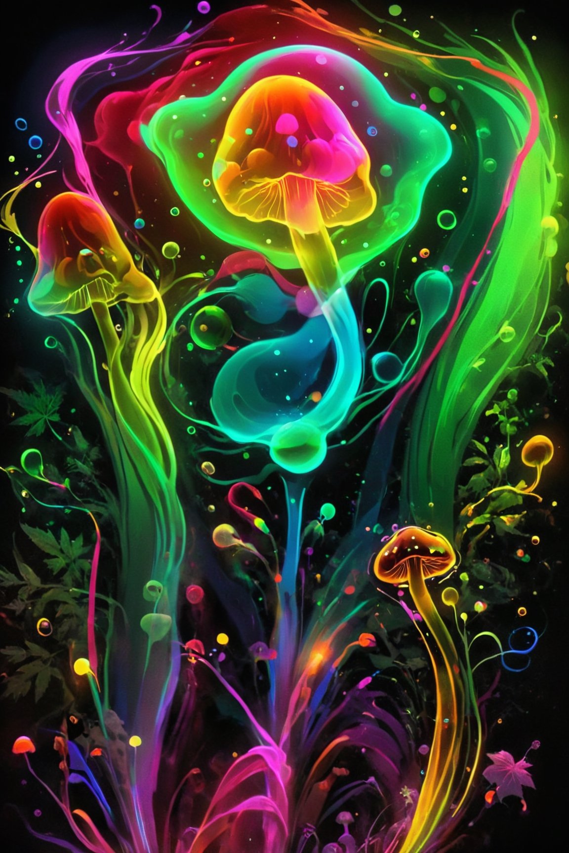 Psychedelic bubbles with mushrooms and weed, strong lines, lit neon palette, neo traditional, badass, hipster, graffiti, underground, badass, noir