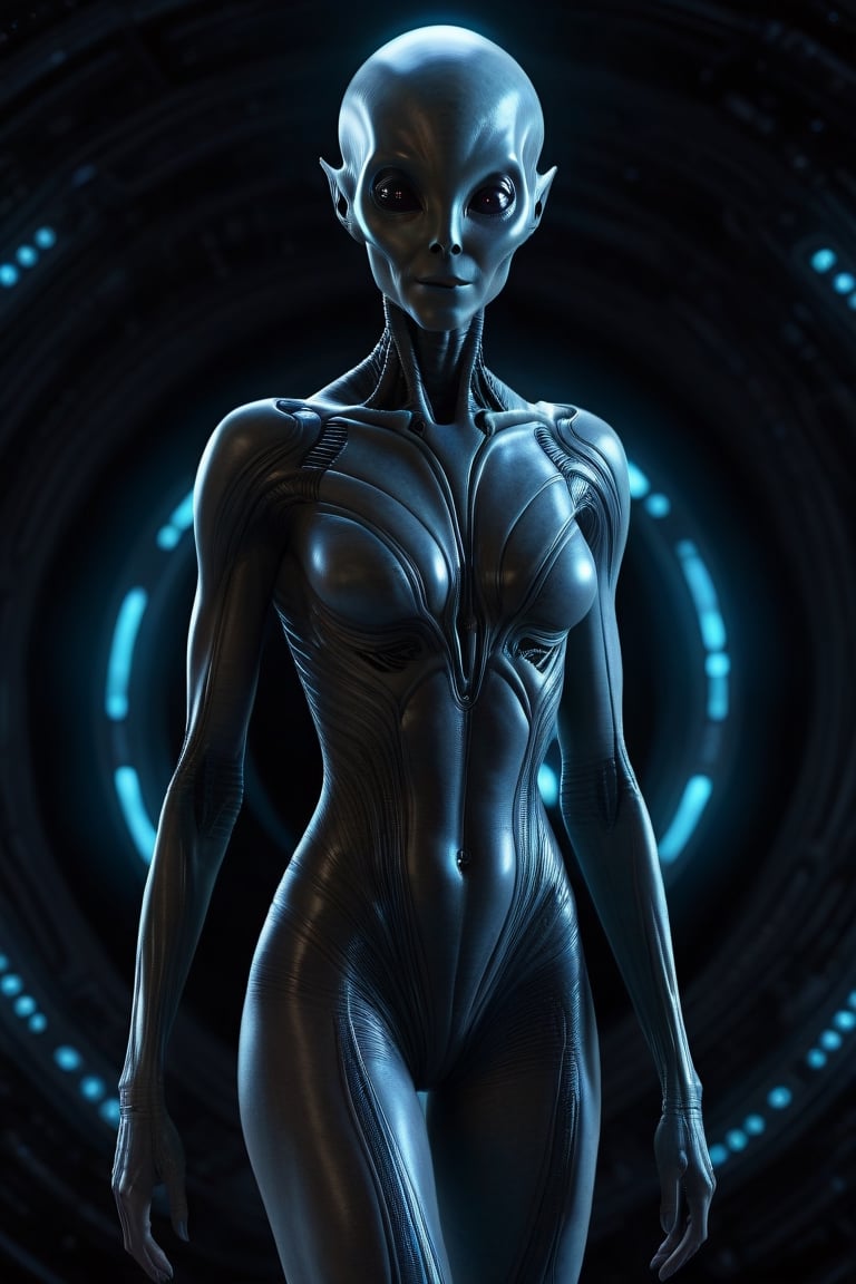 Hyper Detailed, Full Body Photo of a woman:alien, looking at the camera, filled  with satisfaction, Alien spaceship background, Bioluminescent, Holographic Octane render, CGI