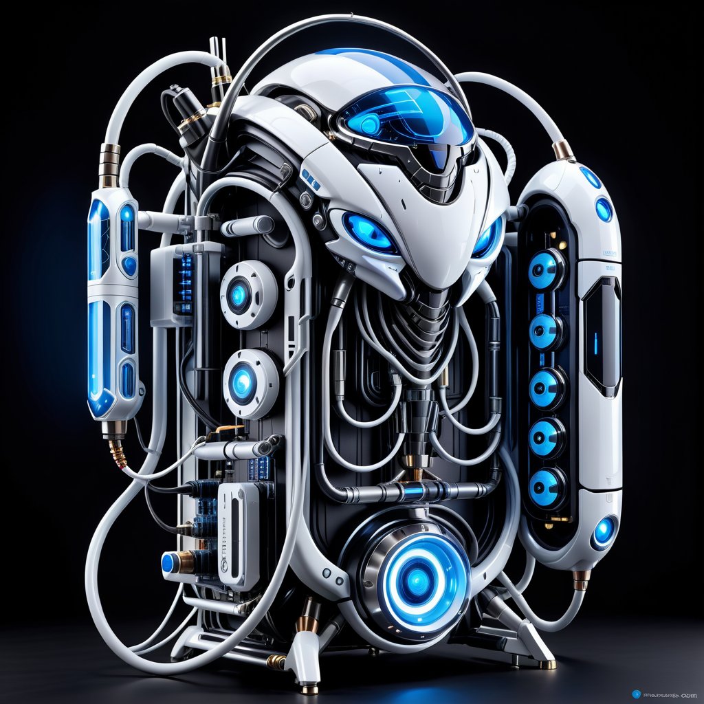 a highly advanced and futuristic technology, intricately designed with a combination of sleek white and metallic components. The alien like tech is adorned with various sensors and cameras, including a glowing blue light on one side, suggesting advanced visual or analytical capabilities. Its parts are smooth and streamlined, .A complex assembly of mechanical parts, including exposed cables, tubes, and joints, indicative of sophisticated engineering. features a central blue light. Highly detailed, a high level of functionality and versatility, with a possible emphasis on both aesthetic appeal and technical performance.