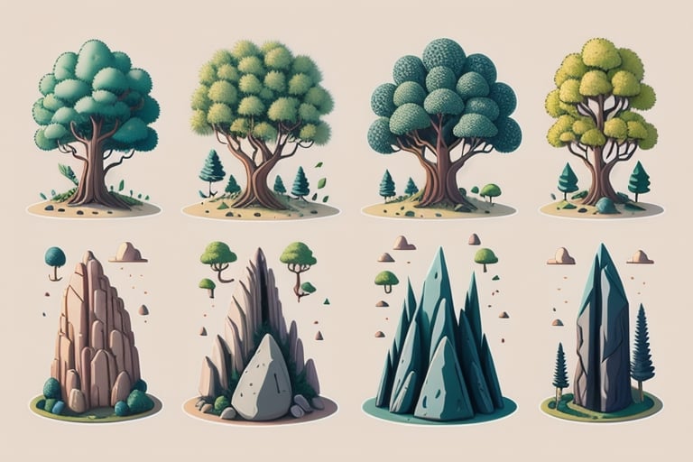 a set of detailed vector art trees and rocks sheet to be used in a children book,fantasy00d,KidsRedmAF,tshee00d