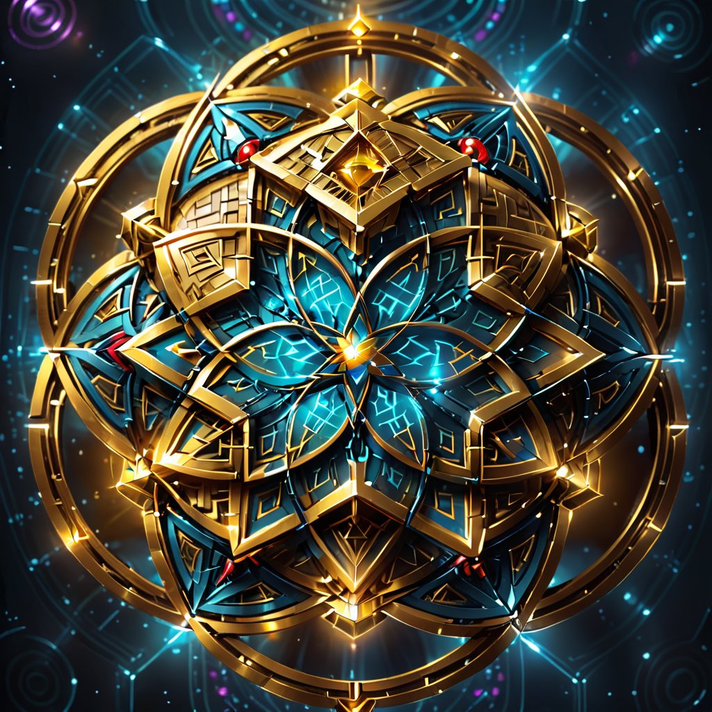 The illustration features a combination of symbolic elements that represent sacred geometry. stylized complex object, Stylized showcases iconic representation of a hypergeometry,d1p5comp_style,ROBOT,ADD MORE DETAIL