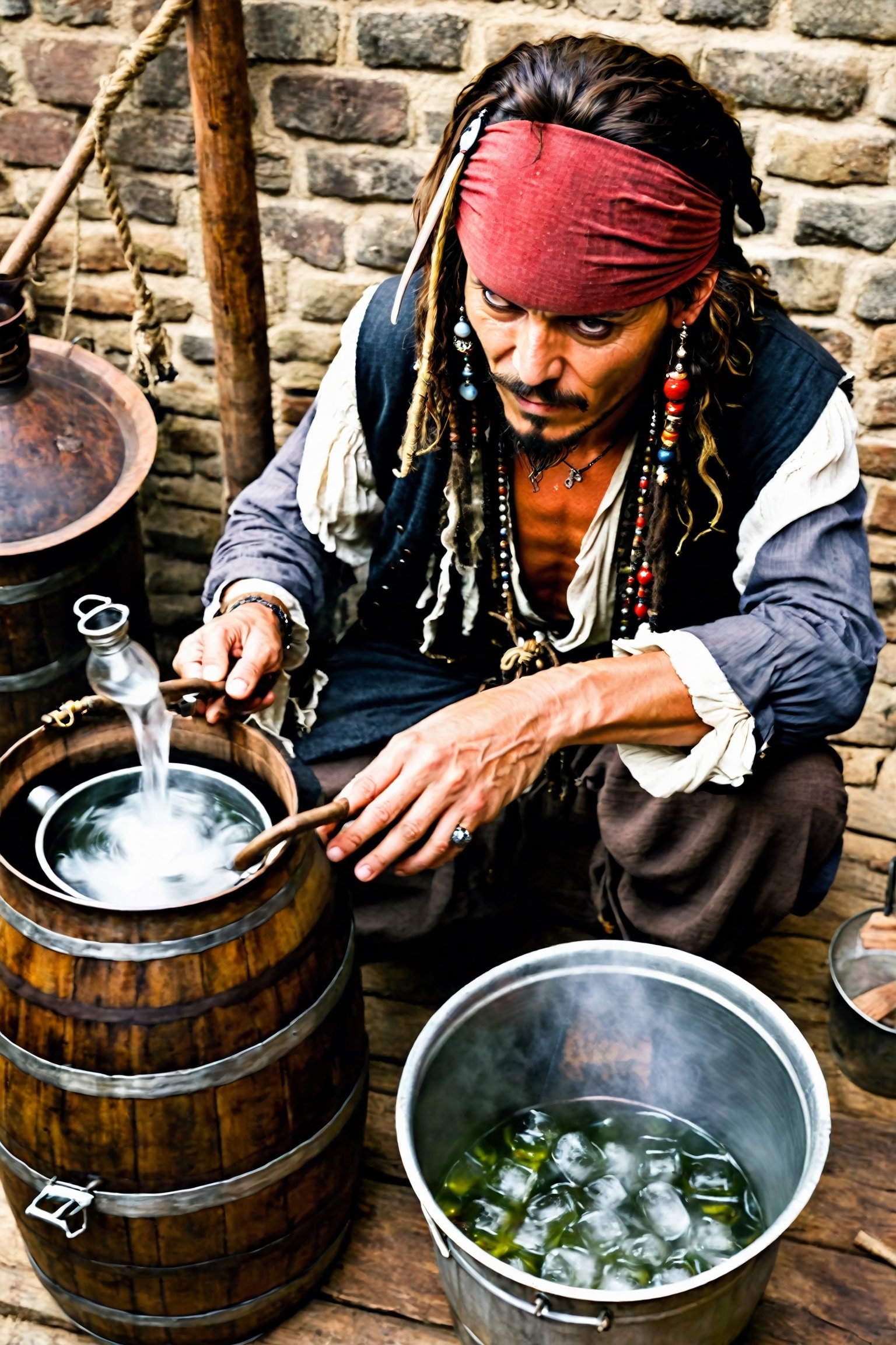 Detailed photo of Jack Sparrow using homemade moonshine machie  distillation of rakija ,more detail 