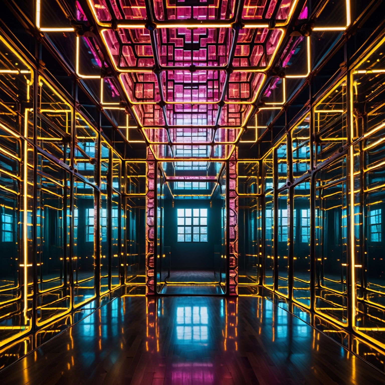 Imagine a minimalist room where the focal point is strategically positioned mirrors that reflect each other. At the center of this chamber stands a glowing neon cube, encircled by the mirrors arranged in intricate patterns.
reflective surfaces, creates a kaleidoscopic effect, engaged in a play of perspectives and realities. dramatic light