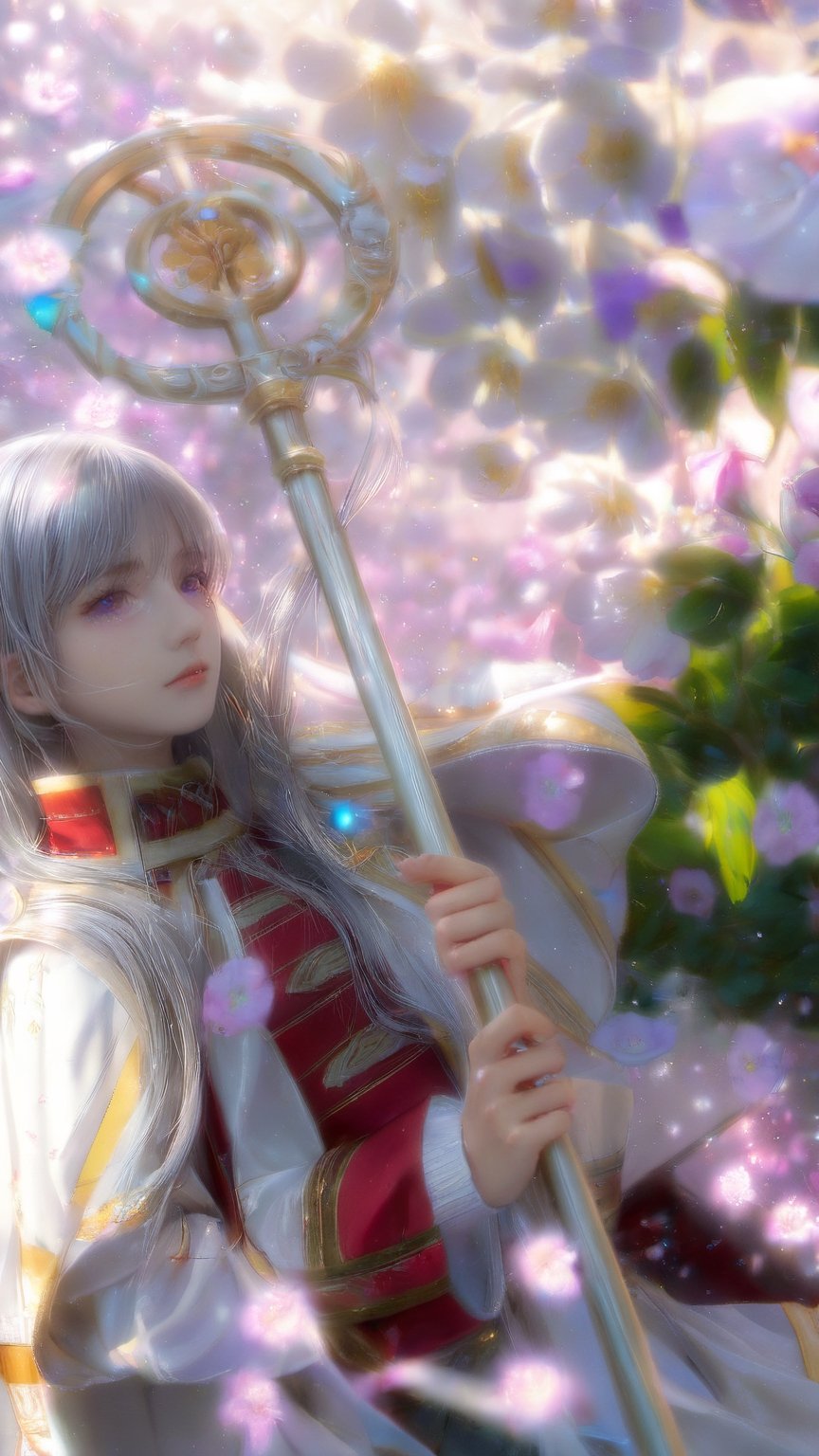 1girl, solo, long hair,silver hair, green eyes, looking at viewer, long sleeves, holding, flower, parted lips, striped, petals, capelet, staff, striped shirt, holding magic wand,(bright colors:1.6), ssyy