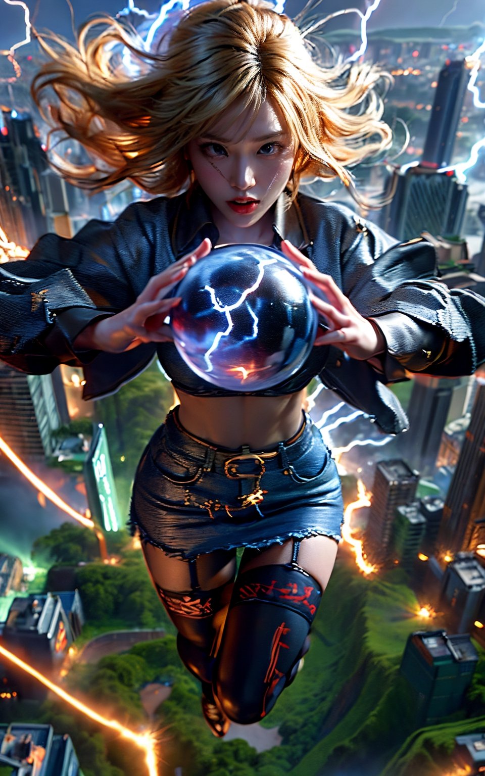 masterpiece, ultra realistic, 8K, Android_18_DB, full body, denim skirt, pantyhose, face focus, blond hair, look afar, top-down view,no gravity, she is weightlessness and flying through the buildings, cityscape, superwoman position,lighting, (dramatic ball lightning between hands:1.3), thunder rings,Bomi