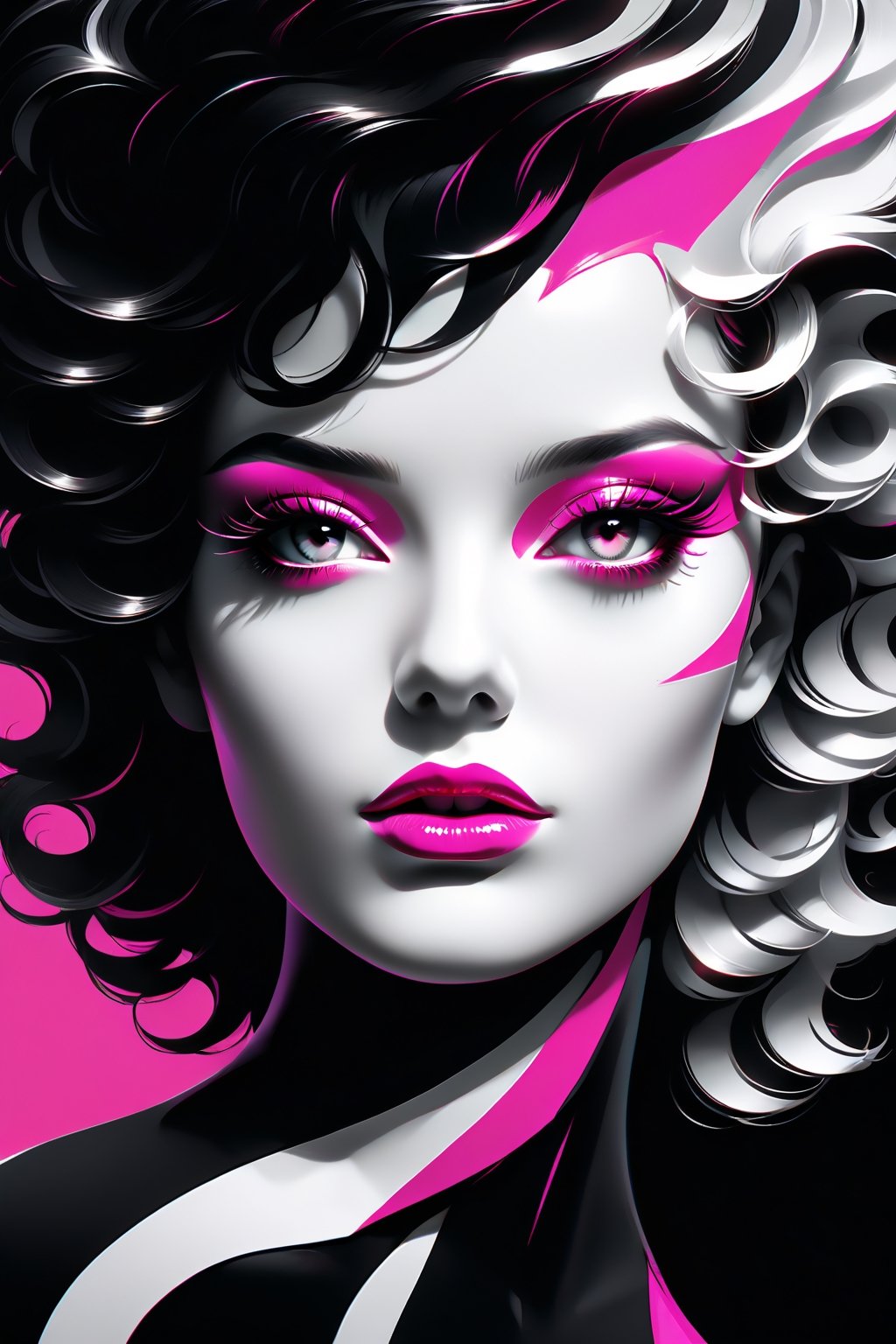 portrait of a beautiful woman in black and white picture except shiny bright pink makeup, art by diego fazio and diegoKoi and oscar Ukono, concept art, sharp focus, artgerm, 8k, highly detailed 
,Flat vector art