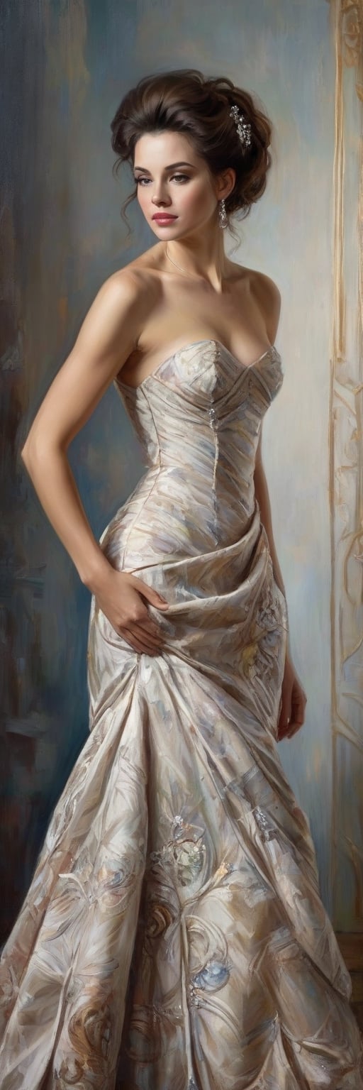 A richly textured oil painting of an elegant woman in a vintage gown, the thick brushstrokes giving life to her curled hair and the fabric’s intricate patterns,crystal_clear