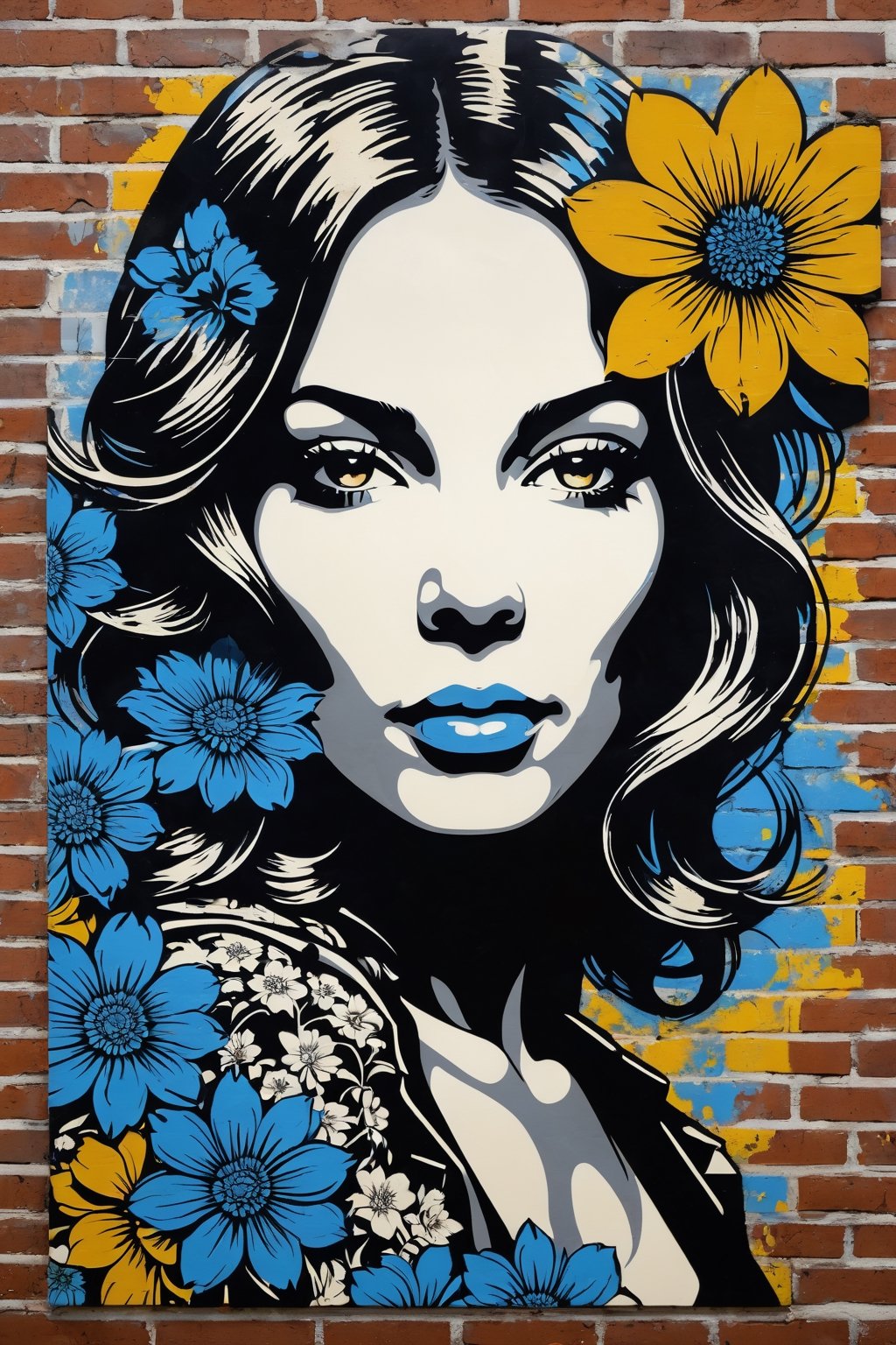 woman, flowers, stencil art, style Shepard Fairey, highly detailed, brick wall, white black blue yellow