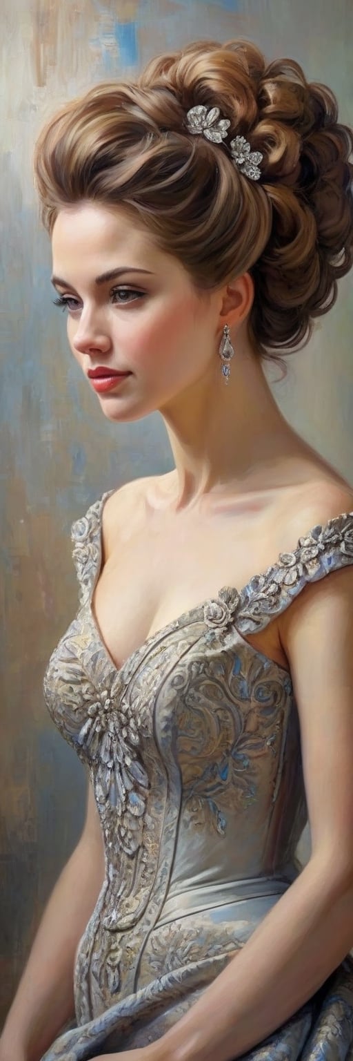 A richly textured oil painting of an elegant woman in a vintage gown, the thick brushstrokes giving life to her curled hair and the fabric’s intricate patterns,crystal_clear