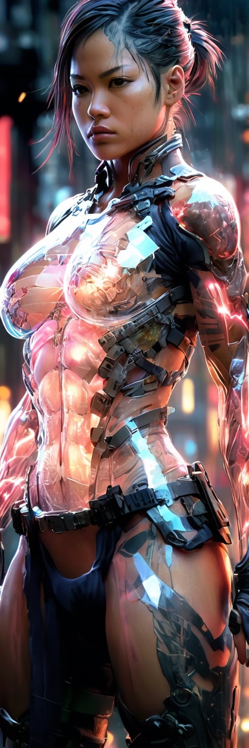 Cyborg woman Moa Kikuchi, transparent body, fractured, muscles torn, captured in a digital painting  styles of Jeremy Mann, transparent cinematic hologram, internal glow showcasing muscle tissue, nerves, resembling a gynoid with the whimsy of Samurai and mythical charm, Makoto Shinkai's layer of depth
