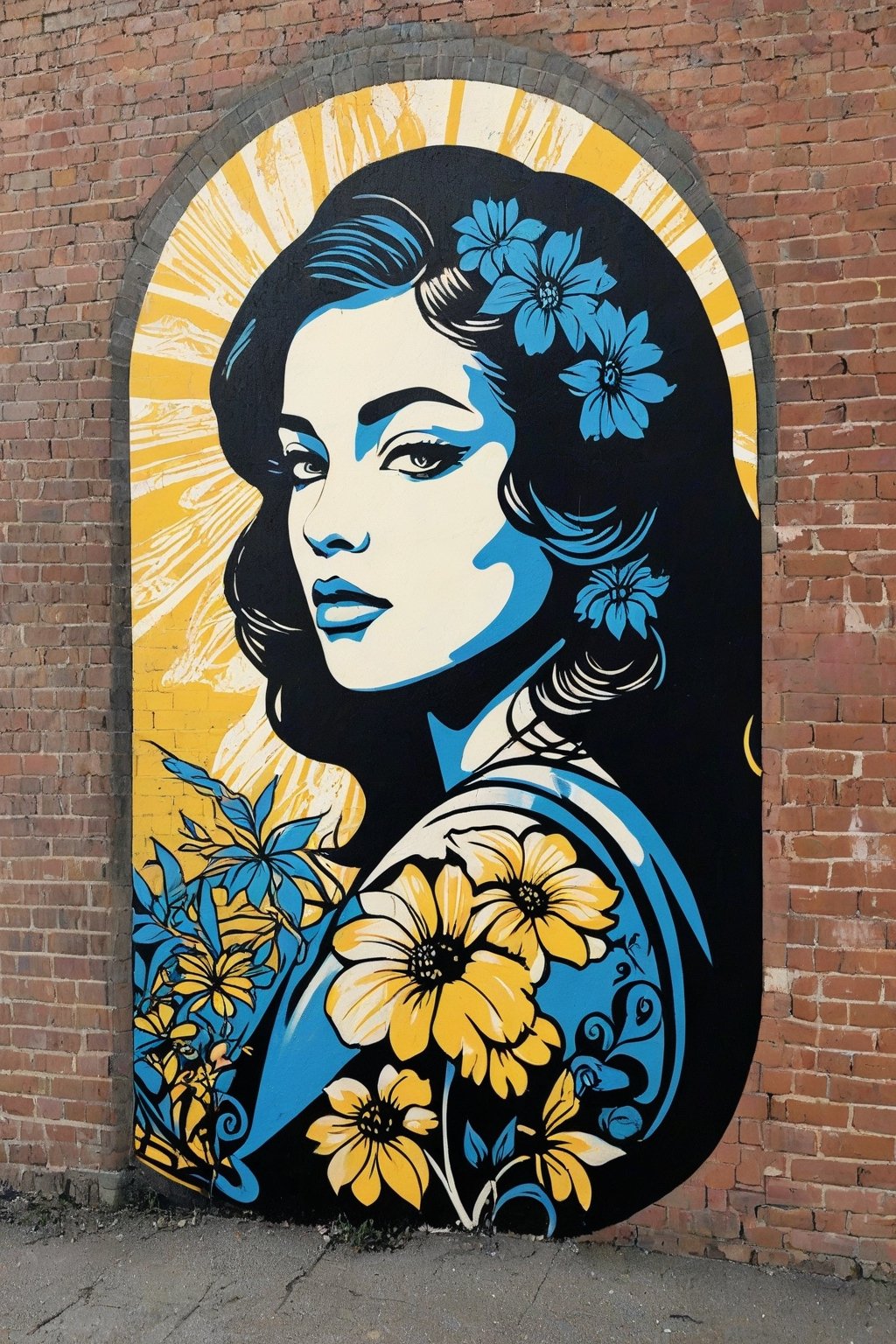 woman, flowers, stencil art, style Shepard Fairey, highly detailed, brick wall, white black blue yellow