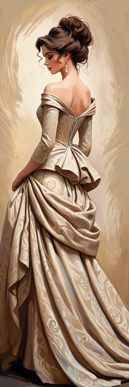 A richly textured oil painting of an elegant woman in a vintage gown, the thick brushstrokes giving life to her curled hair and the fabric’s intricate patterns,Flat vector art