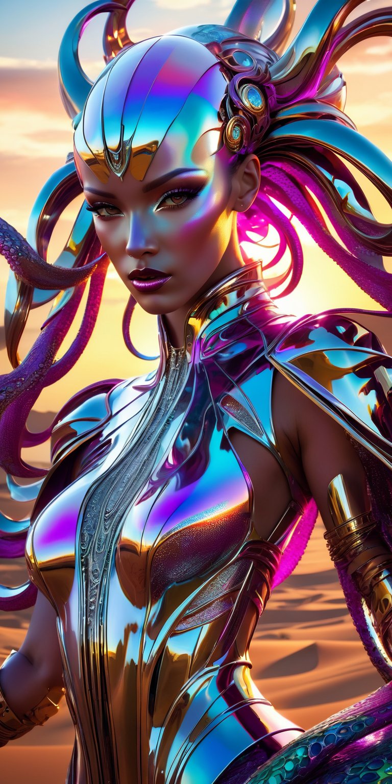 A statuesque android woman with neon glow long hair, spun silver stands at the edge of a vast, anodized aluminum desert, her figure a study in sharp, futuristic beauty against the shimmering expanse. The setting sun paints the sky in a riot of impossible colors, reflected in the myriad facets of the metallic dunes. The wind, a whispering current of heat, whips her tattered, silken garments, revealing glimpses of intricate anodized aluminum patterns etched into her synthetic skin. Behind her, rising from the heart of the desert, a colossal biomechanical octopus spaceship descends, its sleek, segmented limbs a symphony of polished aluminum and pulsing light. Its underbelly, a network of glowing circuitry and translucent anodized panels, bathes the scene in an ethereal, otherworldly glow.,Dark and gritty, epic scene, dramatic lighting, cinematic, pale skin, imperfections, (8K resolution), establishing shot, high textures, leica, subsurface scattering,Leonardo