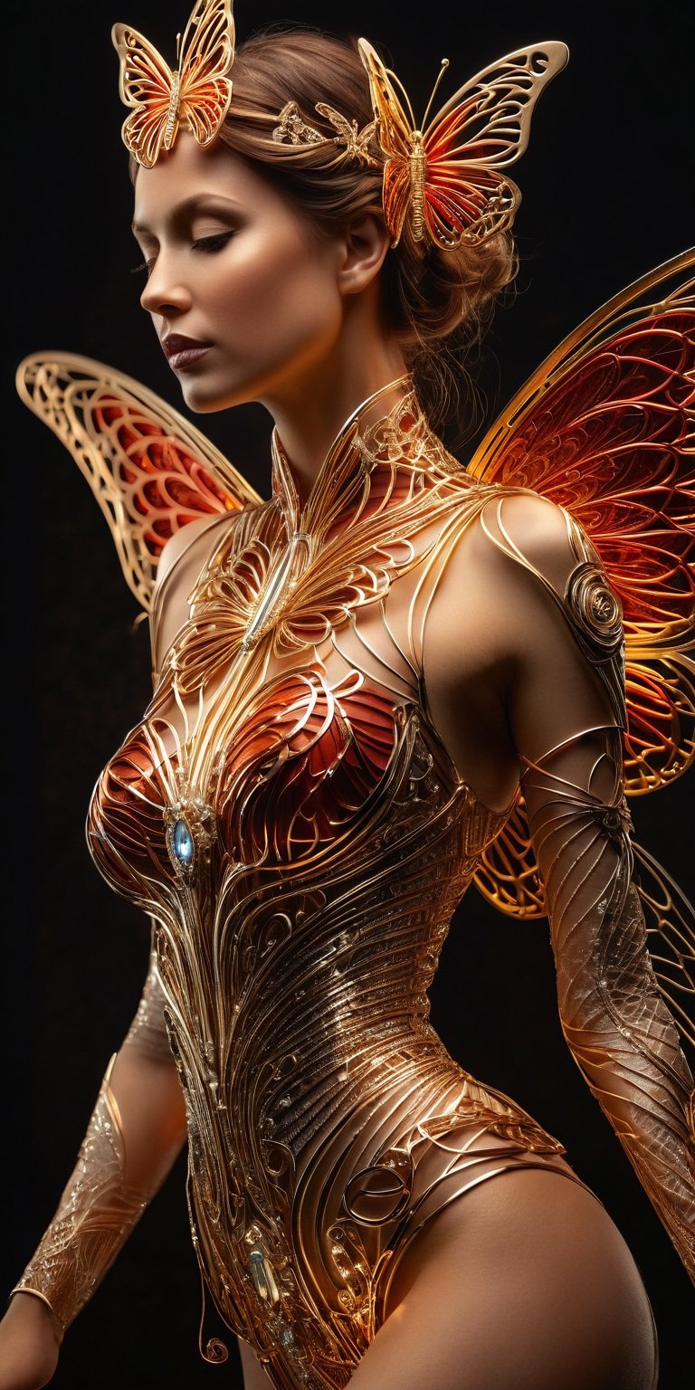 An exceptional jewelry piece crafted from gleaming platinum wire forming intricate patterns with sparks of electricity, enclosing a mechanical woman with butterfly wings, radiantly colored in gold with touches of lustrous rust-red, blending art nouveau and futurism transcend artstation trends, captured with Greg Rutkowski's mastery, full body frame, in sharp focus, gleaming under studio lights, rich in intricate details, high-resolution capture