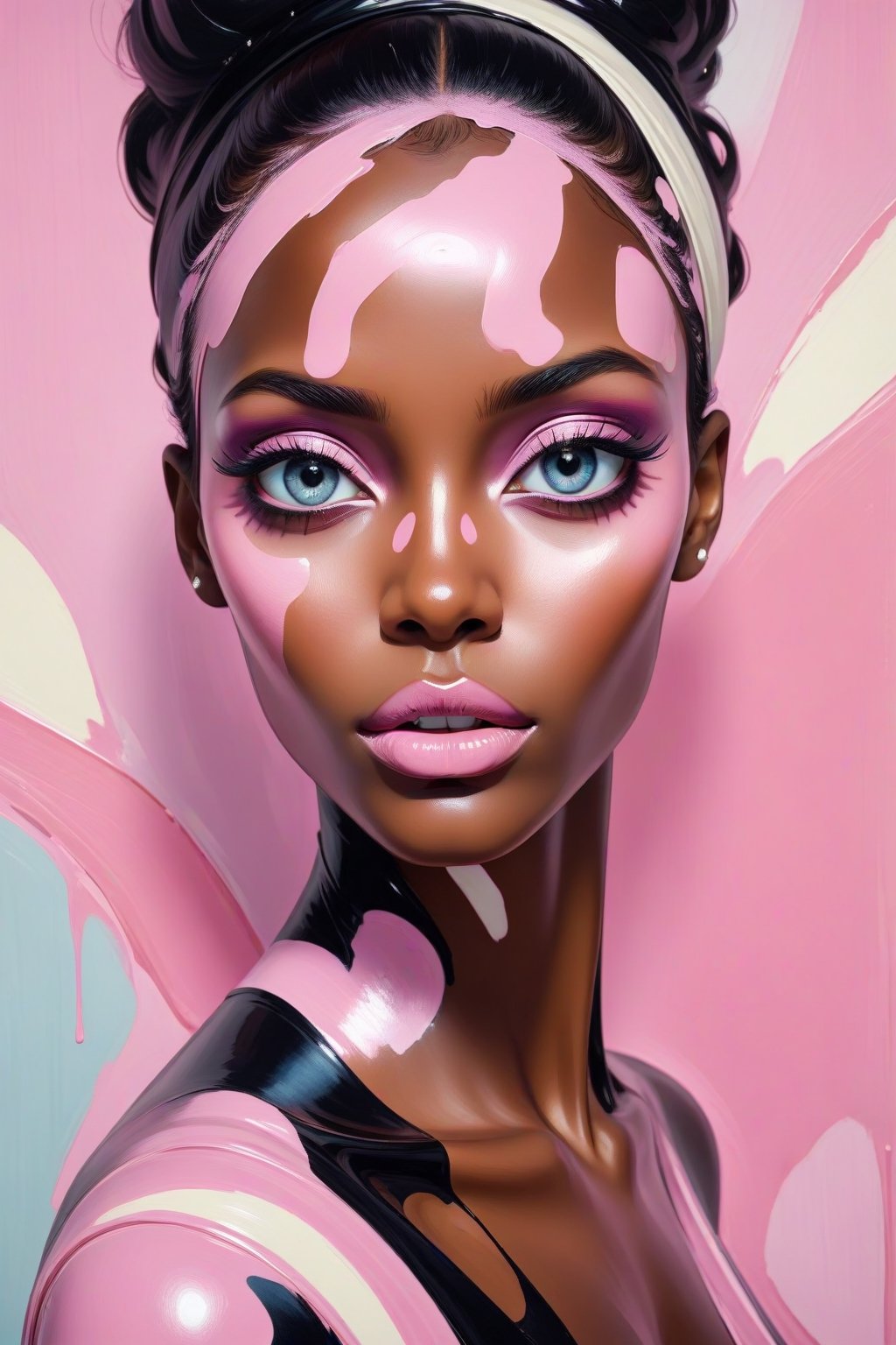 abstract fashion neo-expressionist portrait shows a very beautiful black woman with large sea eyes and delicate beauty, wrapped in light flowing cream and light pink paint, mirror spots around the figure, metallic colors in the background,,<lora:659095807385103906:1.0>