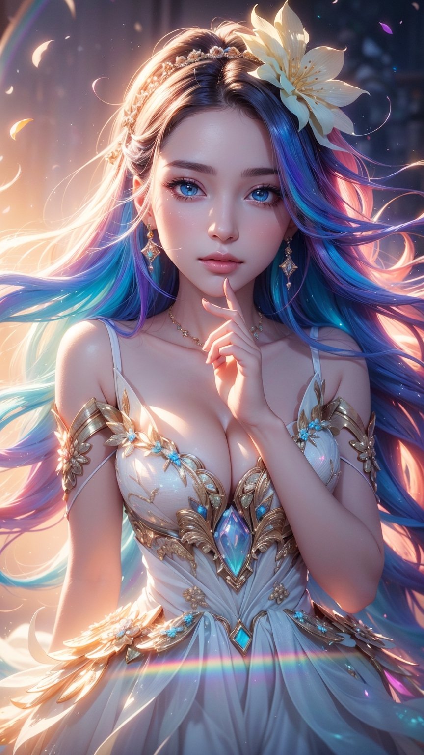 close up portrait of young woman with vibrantblowing hair and mesmerizing eyes, wearing a flowing dress made of petals, in a serene garden filled with blooming flowers, a representation of beauty and grace, charming, cute, beautiful, ultra detailed, dream like shot, 8k, sunset,((holographic))), (((rainbowish))), expressive, cinematic, dynamic pose
