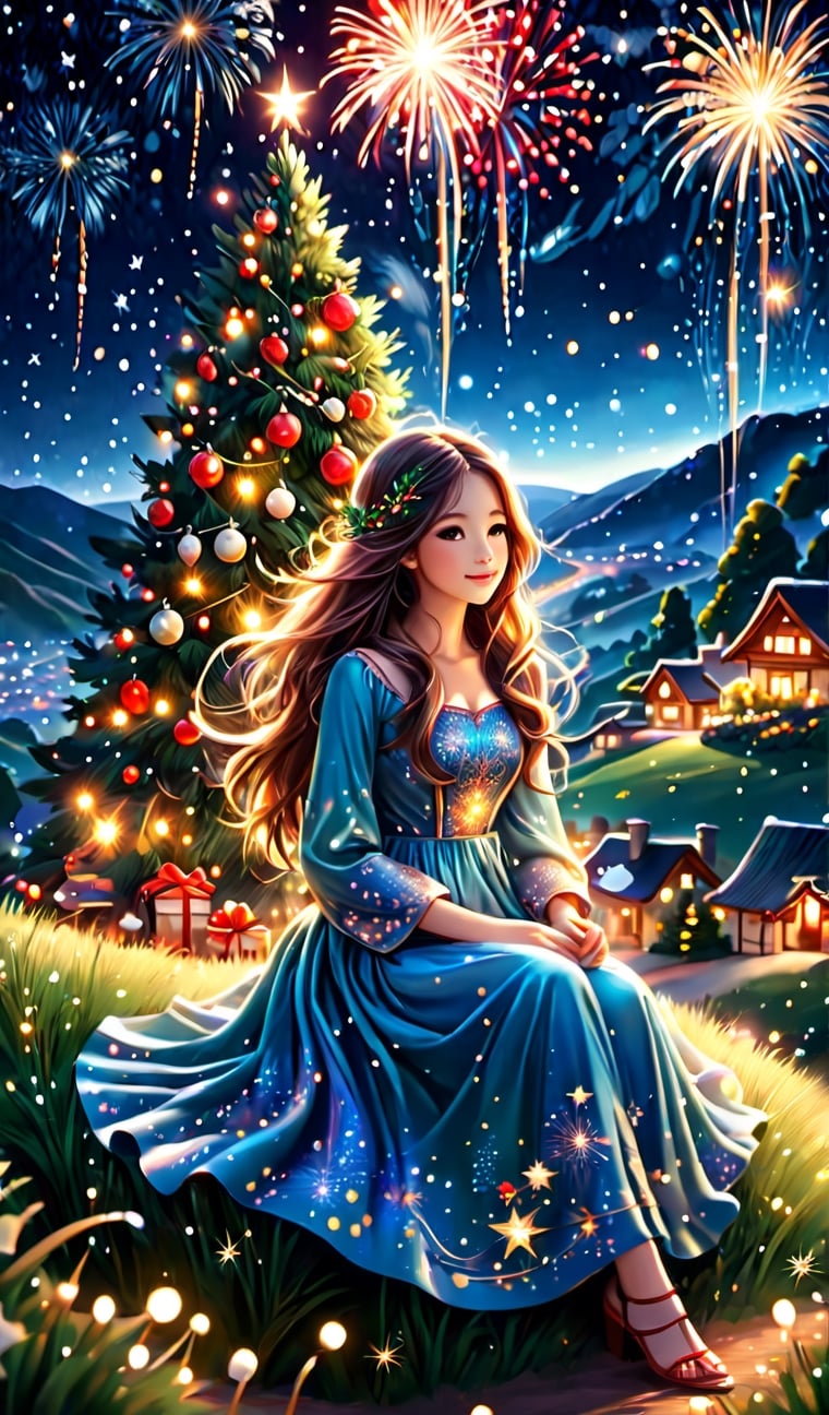 "Create an enchanting scene of a 25 young girl sitting on top of a hill under a fireworks sky, lost in contemplation. Celebrating New Year. Capture the serene landscape of a christmas lush village, adorned with Christmas tree. serene and hopeful look, she is wearing a beautiful luxury dress reflecting the carefree ambiance of the night. Emphasize the movement of her hair swaying in the wind, adding a dynamic touch to the composition. Include elements such as christmas ligths to enhance the dreamlike atmosphere of the celestial christmas. Highlight any accessories or items she may hold, contributing to the narrative. Illuminate the scene with the soft glow from the stars above and ambient ground lights. In this 300-character prompt, weave a visual tale of a thoughtful girl navigating the hill, merging the tranquility of nature with the magic of the night sky.",High detailed ,firefliesfireflies,yofukashi background,LinkGirl,skptheme
