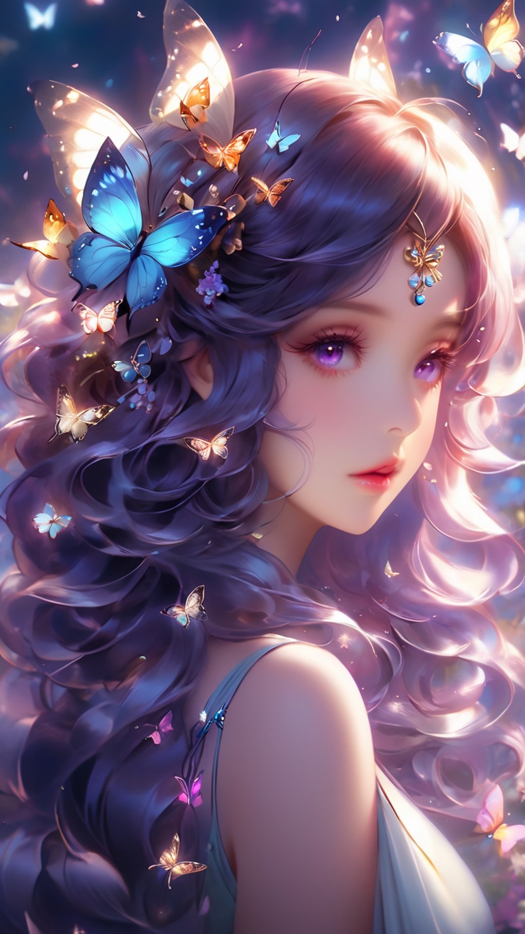 Niji Goddess with butterfly hair and butterfly wings in her hair, butterfly, harmony of butterfly, butterfly lighting, beautiful anime art style, beautiful anime portrait, purple ribbons, beautiful anime style, by Tetsugoro Yorozu, by Torii Kiyomitsu, butterflies, anime wallaper, flowers and butterflies, wlop loish and clamp style, butterfly jewelry,Spirit Fox Pendant,niji-5,Dark_Fantasy_Style